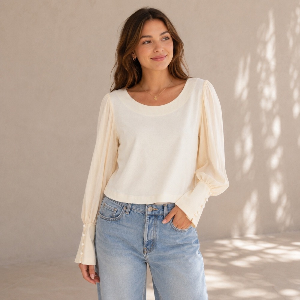 Anthropologie Cream Knit Mixed Media Balloon Sleeve Blouse Top Ivory Medium